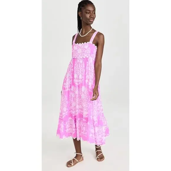 Juliet Dunn Square Neck Palladio Print Cotton Midi Dress Pink White Orchid - Picture 4 of 11